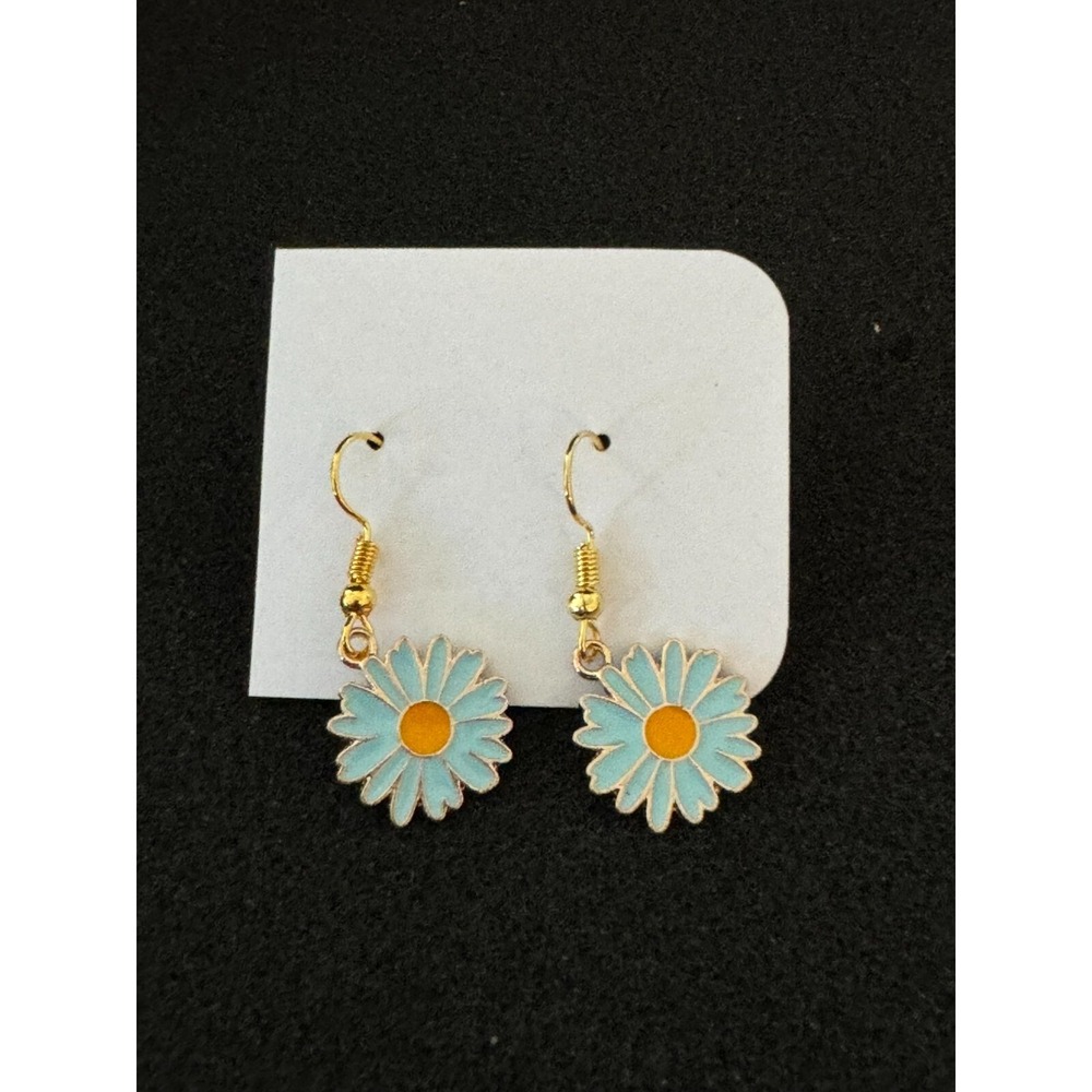 Blue Flower Earrings Pierced Ears Gold Tone Accent New‎